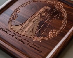 custom-engraved wooden plaque of hindu wedding varmala